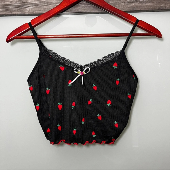 Other - Black & Strawberry Bralette Women's Medium Delicate Lace Comfort Romantic Cute
